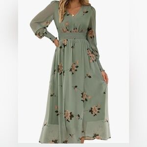 Women’s Anrabess XL Floral Sage Maxi Dress Chiffon Boho Sheer Sleeve Plus Size